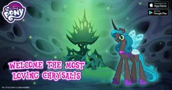 Size: 960x504 | Tagged: changeling, changeling queen, chrysalis' throne, derpibooru import, facebook, female, gameloft, glasses, idw, idw showified, lidded eyes, looking at you, my little pony logo, queen chrysalis, reflections, reversalis, safe, solo, spoiler:comic, text, throne, wings