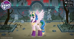 Size: 960x504 | Tagged: safe, derpibooru import, idw, princess celestia, alicorn, pony, reflections, spoiler:comic, angry, crown, evil celestia, facebook, female, gameloft, gate, idw showified, jewelry, looking at you, mare, my little pony logo, regalia, solo, thorns, tree