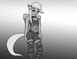 Size: 1280x989 | Tagged: anthro, artist:warskunk, bedroom eyes, belly button, black and white, braid, charm, clothes, collar, crossdressing, derpibooru import, femboy, fishnet clothing, fishnets, gradient background, grayscale, looking at you, male, monochrome, oc, oc:windswept skies, pegasus, raffle prize, safe, shorts, short shirt, socks, solo, stockings, thigh highs