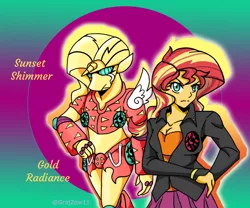 Size: 1296x1080 | Tagged: safe, artist:ponime11, derpibooru import, sunset shimmer, anthro, equestria girls, crossover, gold experience, jojo's bizarre adventure, solo, stand