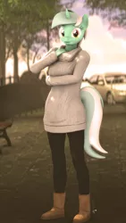 Size: 1080x1920 | Tagged: safe, artist:spinostud, derpibooru import, lyra heartstrings, anthro, plantigrade anthro, unicorn, 3d, boots, car, clothes, looking at you, park, shoes, source filmmaker, sweater