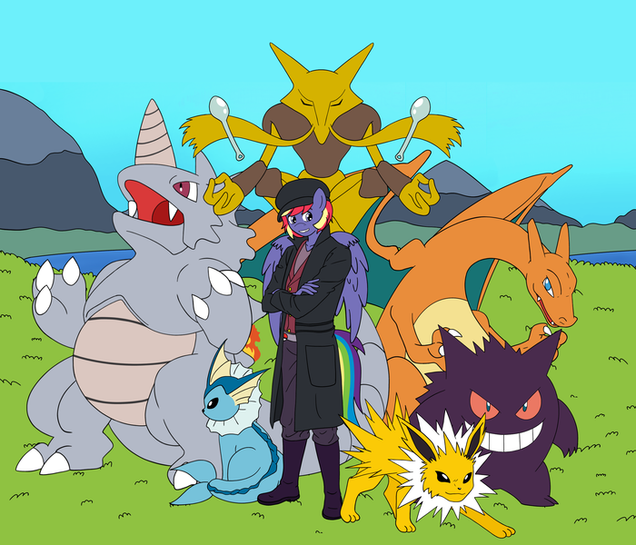 Size: 2500x2144 | Tagged: alakazam, anthro, anthro oc, artist:linedraweer, charizard, commission, derpibooru import, dragon, gengar, hat, jolteon, meditation, mountain, oc, oc:rainbow lightspeed, pokémon, pokémon team, rhydon, safe, team, vaporeon, wings