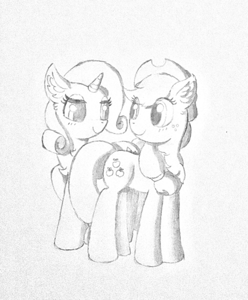 Size: 2185x2642 | Tagged: safe, artist:fireworks sea, derpibooru import, applejack, rarity, earth pony, pony, unicorn, female, looking at each other, mare, monochrome, smiling, traditional art