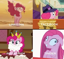 Size: 1170x1086 | Tagged: safe, derpibooru import, edit, edited screencap, screencap, pinkie pie, earth pony, pony, my little pony: the movie, party of one, swarm of the century, the saddle row review, dolly parton challenge, facebook, instagram, linkedin, meme, pinkamena diane pie, tinder
