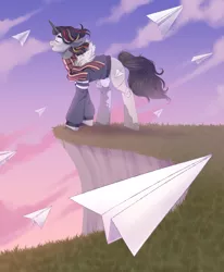 Size: 3299x4000 | Tagged: safe, artist:djkaskan, derpibooru import, pony, clothes, paper plane, scarf, singing, sunset