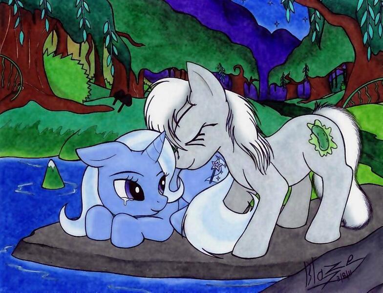 Size: 900x689 | Tagged: safe, artist:blazelupine, derpibooru import, trixie, oc, oc:pickles, pony, unicorn, canon x oc, crying, female, forest, lake, male, night, shipping, sky, straight, traditional art, tree, trikles, water