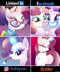 Size: 1000x1200 | Tagged: suggestive, artist:lennonblack, derpibooru import, rarity, sweetie belle, pony, unicorn, butt, dolly parton challenge, duo, facebook, female, filly, glasses, instagram, linkedin, lipstick, looking at you, looking back, looking back at you, makeup, mare, meme, one eye closed, plot, rearity, siblings, sisters, tinder, wink