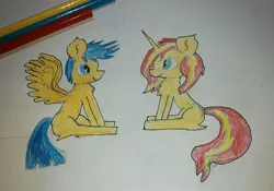 Size: 1933x1350 | Tagged: safe, artist:arbuzozozila, derpibooru import, flash sentry, sunset shimmer, pegasus, unicorn, female, flashimmer, male, shipping, straight, traditional art