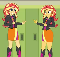 Size: 1900x1800 | Tagged: safe, artist:mashoart, derpibooru import, flash sentry, sunset shimmer, equestria girls, boots, clothes, crossdressing, finger gun, finger guns, grin, jacket, leather, leather jacket, looking at each other, matching outfits, miniskirt, shoes, skirt, smiling