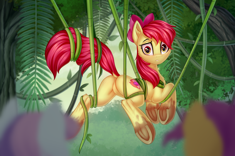 Size: 3000x2000 | Tagged: safe, artist:setharu, derpibooru import, apple bloom, scootaloo, sweetie belle, earth pony, pegasus, pony, unicorn, growing up is hard to do, bloom butt, blushing, bondage, butt, cutie mark, cutie mark crusaders, dirty hooves, dock, eye clipping through hair, featureless crotch, female, frog (hoof), looking at you, looking back, looking back at you, mare, messy mane, mud, nudity, older, older apple bloom, plot, raised tail, scene interpretation, solo focus, suspended, tail, tangled up, tree, underhoof, vine