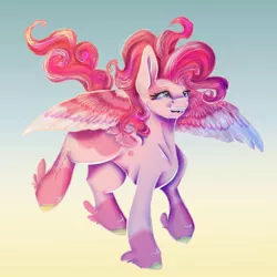 Size: 894x894 | Tagged: safe, artist:the_golden_harlow, derpibooru import, pinkie pie, pegasus, pony, leak, spoiler:g5, female, flying, g5, hooves, mare, pegasus pinkie pie, pinkie pie (g5), race swap, simple background, solo, wings