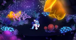 Size: 2000x1067 | Tagged: safe, artist:talimingi, derpibooru import, oc, oc:brushie brusha, alien, earth pony, pony, black mesa, crystal, cutie mark, floating island, half-life, headphones, plant, stars, xen