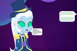 Size: 1020x675 | Tagged: safe, banned from derpibooru, deleted from derpibooru, derpibooru import, edit, edited screencap, editor:thomasfan45, screencap, trixie, human, equestria girls, spring breakdown, 1000 hours in ms paint, blank expression, cute, description is relevant, enslaved, epaulettes, female, hat, hypnosis, image, implied memory stone, implied wallflower blush, jpeg, magician, magician outfit, mind control, mistress, obedience, offscreen character, open mouth, performer, request, solo, speech bubble, stage, story included, top hat