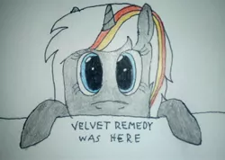 Size: 2448x1743 | Tagged: safe, artist:überreaktor, derpibooru import, oc, oc:velvet remedy, pony, unicorn, fallout equestria, hooves, kilroy, kilroy was here, solo, text, traditional art