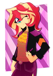 Size: 2327x3350 | Tagged: safe, artist:xan-gelx, derpibooru import, sunset shimmer, equestria girls, equestria girls series, sunset's backstage pass!, spoiler:eqg series (season 2), clothes, commission, digital art, female, geode of empathy, magical geodes, music festival outfit, one eye closed, smiling, solo, wink