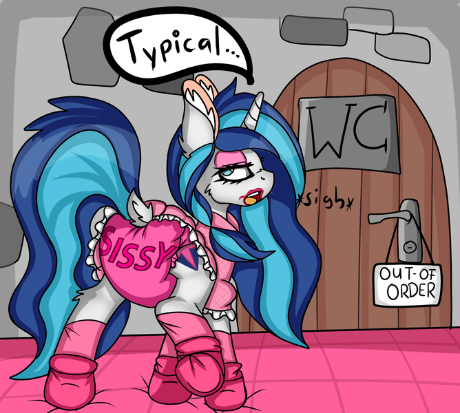 Size: 5000x4491 | Tagged: questionable, artist:cuddlelamb, derpibooru import, shining armor, pony, unicorn, fanfic:the tower, absurd resolution, adult foal, blushing, booties, chest fluff, clothes, crossdressing, diaper, diaper fetish, dock, door, dress, ear fluff, eyeshadow, fanfic art, femboy, fetish, frilly dress, lipstick, makeup, male, onomatopoeia, open door, open mouth, out of order, pink diaper, playing, poofy diaper, sigh, sissy, sluttyshining, socks, solo, solo male, speech bubble, stairs, stallion