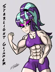 Size: 2517x3300 | Tagged: suggestive, artist:zeruvel, derpibooru import, starlight glimmer, human, equestria girls, abs, biceps, bike shorts, breasts, cleavage, clothes, cycling shorts, eyeliner, eyeshadow, female, fetish, flexing, gray background, looking at you, makeup, muscle fetish, muscles, muscular female, shorts, simple background, solo, sports bra, starlight lifter