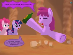 Size: 900x675 | Tagged: safe, artist:quint-t-w, derpibooru import, berry punch, berryshine, pinkie pie, twilight sparkle, twilight sparkle (alicorn), alicorn, earth pony, pony, bottle, bubble, concerned, dialogue, drunk, drunk bubbles, glass, old art, shot glass, table, underhoof, wine glass