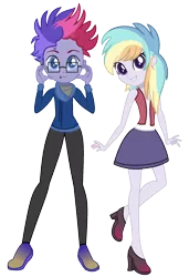 Size: 1280x1868 | Tagged: safe, artist:gihhbloonde, artist:thatonecrazyartist18, derpibooru import, oc, oc:pastel aerosol, oc:ultraviolet ray, unofficial characters only, icey-verse, equestria girls, base used, boots, clothes, commission, duo, ear piercing, earring, equestria girls-ified, female, glasses, high heel boots, high heels, hoodie, jeans, jewelry, lip piercing, magical lesbian spawn, male, miniskirt, multicolored hair, offspring, pants, parent:oc:elizabat stormfeather, parent:tempest shadow, parents:canon x oc, parents:stormshadow, piercing, shirt, shoes, simple background, skirt, transparent background, vest