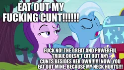 Size: 1280x720 | Tagged: suggestive, derpibooru import, edit, edited screencap, editor:useraccount, screencap, starlight glimmer, trixie, road to friendship, caption, cunt, excessive exclamation marks, female, image macro, imminent cunnilingus, implied cunnilingus, implied oral, implied sex, lesbian, meme, shipping, startrix, text, trixie yells at everything, vulgar