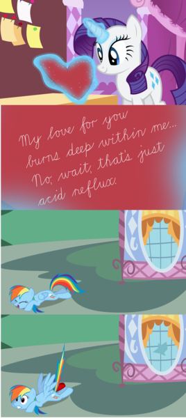 Size: 1636x3664 | Tagged: safe, artist:byteslice, derpibooru import, rainbow dash, rarity, pegasus, pony, unicorn, broken window, didn't see that comin', handwriting, heart, hearts and hooves day, joke, laughing, shocked, shocked expression, window