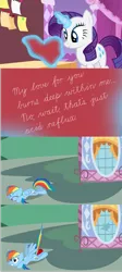 Size: 1636x3664 | Tagged: safe, artist:byteslice, derpibooru import, rainbow dash, rarity, pegasus, pony, unicorn, broken window, didn't see that comin', handwriting, heart, hearts and hooves day, joke, laughing, shocked, shocked expression, window