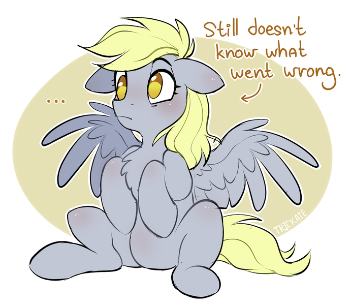 Size: 2309x2000 | Tagged: safe, artist:trickate, derpibooru import, derpy hooves, pegasus, pony, ..., chest fluff, confused, cute, derpabetes, female, floppy ears, frown, high res, hooves to the chest, i just don't know what went wrong, mare, no pupils, outline, rcf community, sitting, sketch, solo, truth