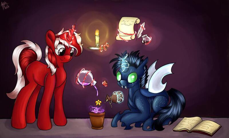 Size: 1280x774 | Tagged: safe, artist:appleneedle, derpibooru import, oc, unofficial characters only, changeling, pony, unicorn, book, candle, commission, duo, flask, flower, magic, spell