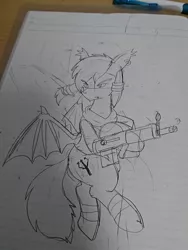 Size: 1080x1440 | Tagged: safe, artist:omegapony16, derpibooru import, oc, oc:oriponi, unofficial characters only, bat pony, pony, bat pony oc, bat wings, clothes, frown, gun, irl, lineart, lined paper, male, photo, scarf, solo, stallion, traditional art, weapon, wings