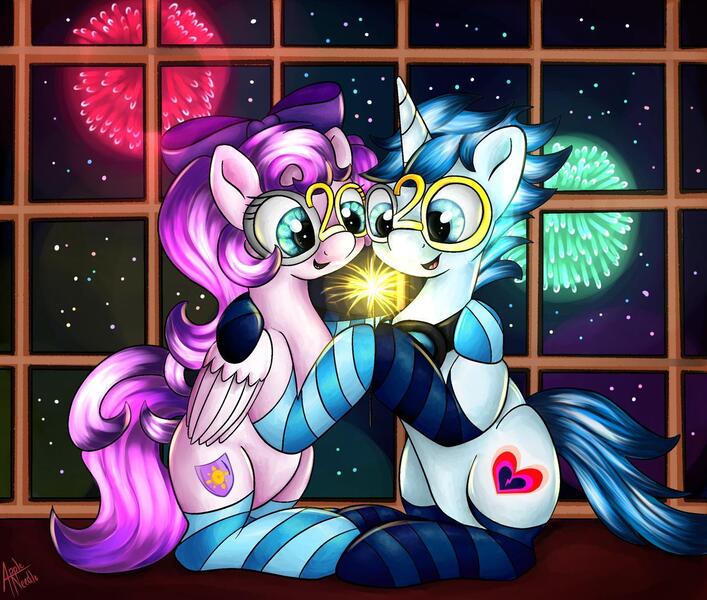 Size: 1280x1087 | Tagged: safe, artist:appleneedle, derpibooru import, oc, unofficial characters only, pegasus, pony, unicorn, 2020, clothes, commission, duo, fireworks, new year, sitting, socks, striped socks, window