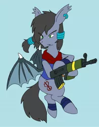 Size: 1603x2048 | Tagged: safe, alternate version, artist:omegapony16, derpibooru import, oc, oc:oriponi, unofficial characters only, bat pony, pony, bat pony oc, bat wings, clothes, colored, ear piercing, earring, gun, jewelry, male, piercing, scarf, simple background, solo, stallion, weapon, wings