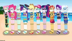 Size: 1183x676 | Tagged: safe, artist:robukun, derpibooru import, applejack, fluttershy, lyra heartstrings, pinkie pie, rainbow dash, rarity, sci-twi, starlight glimmer, sunset shimmer, trixie, twilight sparkle, equestria girls, beach, bondage, bound and gagged, cloth gag, clothes, feet, gag, humane five, humane seven, humane six, rope, rope bondage, sandals, swimsuit, tied up, wetsuit