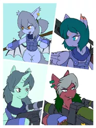 Size: 1440x1921 | Tagged: safe, artist:omegapony16, derpibooru import, oc, oc:oriponi, unofficial characters only, bat pony, earth pony, pegasus, pony, unicorn, armor, bat pony oc, bat wings, clothes, ear piercing, earring, earth pony oc, female, frown, gun, horn, jewelry, male, mare, pegasus oc, piercing, rocket launcher, scar, scarf, smiling, smirk, soldier, stallion, unicorn oc, vest, weapon, wings