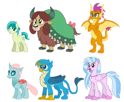 Size: 5000x4114 | Tagged: safe, artist:aleximusprime, derpibooru import, gallus, ocellus, sandbar, silverstream, smolder, yona, changedling, changeling, dragon, earth pony, gryphon, hippogriff, pony, yak, flurry heart's story, adult, alternate design, cute, diaocelles, diastreamies, future, gallabetes, group, height difference, older, older gallus, older ocellus, older sandbar, older silverstream, older smolder, older yona, sandabetes, simple background, smolderbetes, student six, transparent background, yonadorable