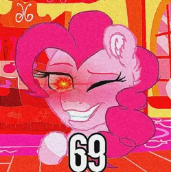 Size: 1227x1230 | Tagged: safe, artist:koloredkat, derpibooru import, pinkie pie, earth pony, pony, 69 (number), bust, colored hooves, deep fried meme, ear fluff, female, glowing eyes, glowing eyes meme, grin, mare, meme, milestone, one eye closed, smiling, wink