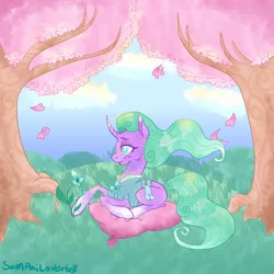 Size: 2000x2000 | Tagged: safe, artist:sampailoverboy, derpibooru import, mistmane, unicorn, curved horn, digital art, flower, horn, leaves, pillow, prone, signature, smiling, solo, tree