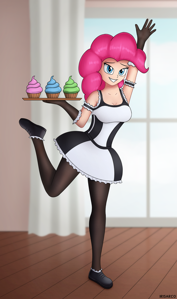 Size: 1656x2797 | Tagged: artist:irisarco, bedroom eyes, breasts, busty pinkie pie, cleavage, clothes, cupcake, curtains, cute, derpibooru import, dress, female, food, gloves, human, humanized, looking at you, maid, miniskirt, pantyhose, pinkie pie, room, safe, shoes, skirt, smiling, socks, solo, standing, standing on one leg, thigh highs, tray, window
