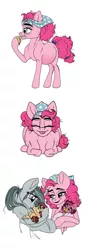 Size: 600x1658 | Tagged: safe, artist:celestial-rainstorm, derpibooru import, marble pie, pinkie pie, oc, oc:cherry chimichanga, oc:confetti cake, earth pony, pony, baby, baby pony, belly, big belly, cute, eating, female, filly, foal, food, mama pinkie, muffin, offspring, parent:cheese sandwich, parent:pinkie pie, parents:cheesepie, pie sisters, preggy pie, pregnant, siblings, sisters, tongue out, twins