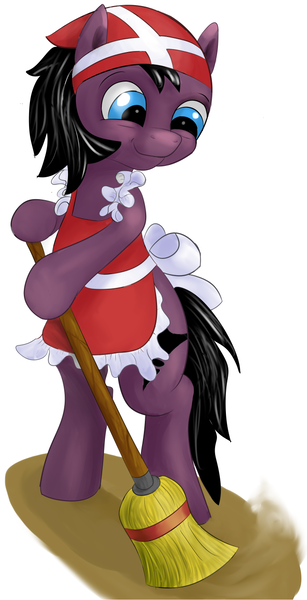 Size: 655x1280 | Tagged: safe, artist:ponyway, derpibooru import, oc, oc:puffy, unofficial characters only, bat pony, apron, bat pony oc, bat wings, broom, clothes, female, housewife, looking down, mare, missing wing, naked apron, simple background, smiling, solo, white background, wings