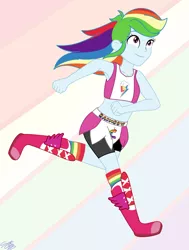 Size: 1536x2027 | Tagged: safe, artist:doodledraws00, derpibooru import, rainbow dash, equestria girls, armpits, boxing boots, boxing shoes, boxing skirt, clothes, cycling shorts, exeron fighters, exeron outfit, martial arts kids, martial arts kids outfits, socks, sports bra