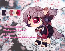 Size: 1468x1162 | Tagged: safe, artist:taigokatsuki, derpibooru import, oc, oc:lilac puddles, unofficial characters only, earth pony, pony, amputee, bowtie, choker, clothes, cute, dress, female, filly, fingerless gloves, flower, flower in hair, freckles, gloves, markings, ocbetes, open mouth, pirate, pleated skirt, prosthetic leg, prosthetic limb, prosthetics, reference sheet, skirt, solo