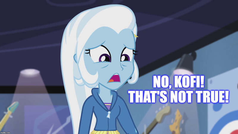 Size: 1280x720 | Tagged: safe, derpibooru import, edit, edited screencap, screencap, trixie, equestria girls, rainbow rocks, caption, clothes, female, image macro, kobe bryant, kofi bryant, meme, misspelling, sad, solo, text, trixie yells at everything