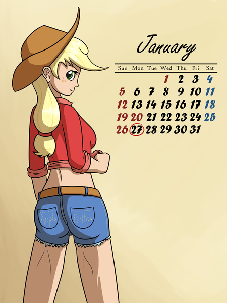 Size: 1800x2400 | Tagged: suggestive, artist:mkogwheel, derpibooru import, applejack, human, applebucking thighs, applebutt, ass, birthday, breasts, butt, calendar, calendar girl, clothes, daisy dukes, female, humanized, january, looking at you, looking back, pinup, shorts, solo, solo female