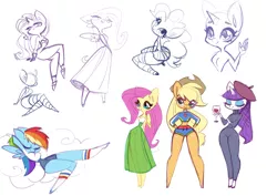 Size: 4093x2894 | Tagged: anthro, applejack, artist:holivi, beatnik rarity, beret, clothes, cloud, cowboy hat, derpibooru import, fluttershy, hat, pinkie pie, rainbow dash, rarity, safe, sketch, sketch dump, skirt, socks, stetson, sweater, swimsuit