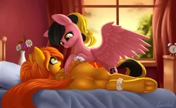 Size: 3282x2009 | Tagged: suggestive, alternate version, artist:lunebat, artist:pony-way, derpibooru import, oc, oc:camber, oc:silk, unofficial characters only, pegasus, pony, bed, bedroom, butt, collaboration, commission, dock, eye contact, featureless crotch, female, intersex, looking at each other, mare, on bed, pegasus oc, plot, room, underhoof, window, wings, ych result