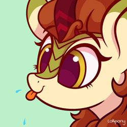 Size: 500x500 | Tagged: safe, artist:lollipony, derpibooru import, part of a set, autumn blaze, kirin, :p, animated, awwtumn blaze, bust, commission, cute, ear fluff, eye shimmer, female, happy, kirinbetes, mare, pbbtt, quadrupedal, raspberry, silly, simple background, smiling, solo, spit, spittle, tongue out, weapons-grade cute, ych result