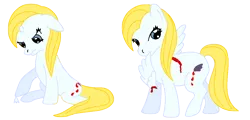 Size: 1188x572 | Tagged: grimdark, artist:chili19, derpibooru import, oc, oc:bloodknife, pegasus, pony, unicorn, amputation, blood, broken horn, female, frown, horn, knife, mare, mouth hold, self harm, simple background, transparent background