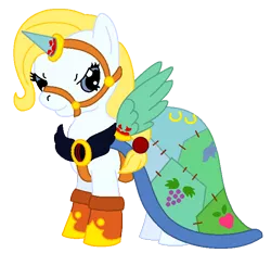 Size: 639x596 | Tagged: semi-grimdark, artist:chili19, derpibooru import, oc, oc:bloodknife, unofficial characters only, earth pony, pony, blood, boots, bridle, clothes, dress, earth pony oc, fake horn, fake wings, female, gala dress, mare, shoes, simple background, smiling, smirk, solo, tack, transparent background