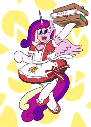 Size: 949x1329 | Tagged: artist:jargon scott, bipedal, cadance's pizza delivery, clothes, cute, cutedance, derpibooru import, female, food, maid, mare, meme, outfit, peetzer, pizza, pizza hut maid dress, princess cadance, safe, shoes, skirt, socks, solo, stockings, thigh highs, waitress