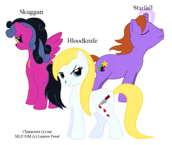 Size: 1003x852 | Tagged: safe, artist:chili19, derpibooru import, oc, oc:bloodknife, oc:starfall, unofficial characters only, earth pony, pegasus, pony, unicorn, blood, broken horn, earth pony oc, eyes closed, female, frown, glowing horn, horn, knife, mare, pegasus oc, simple background, text, transparent background, unicorn oc, wings